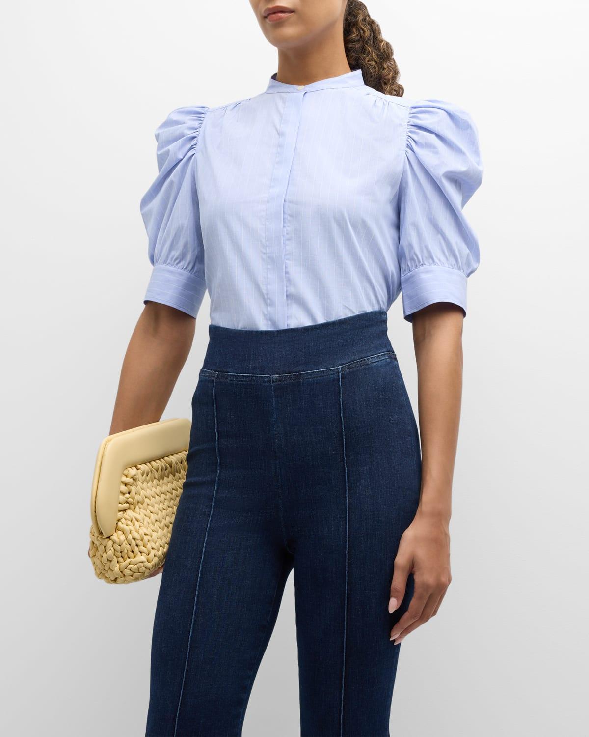 FRAME Ruched Puff Sleeve Shirt in Baby Blue Product Image