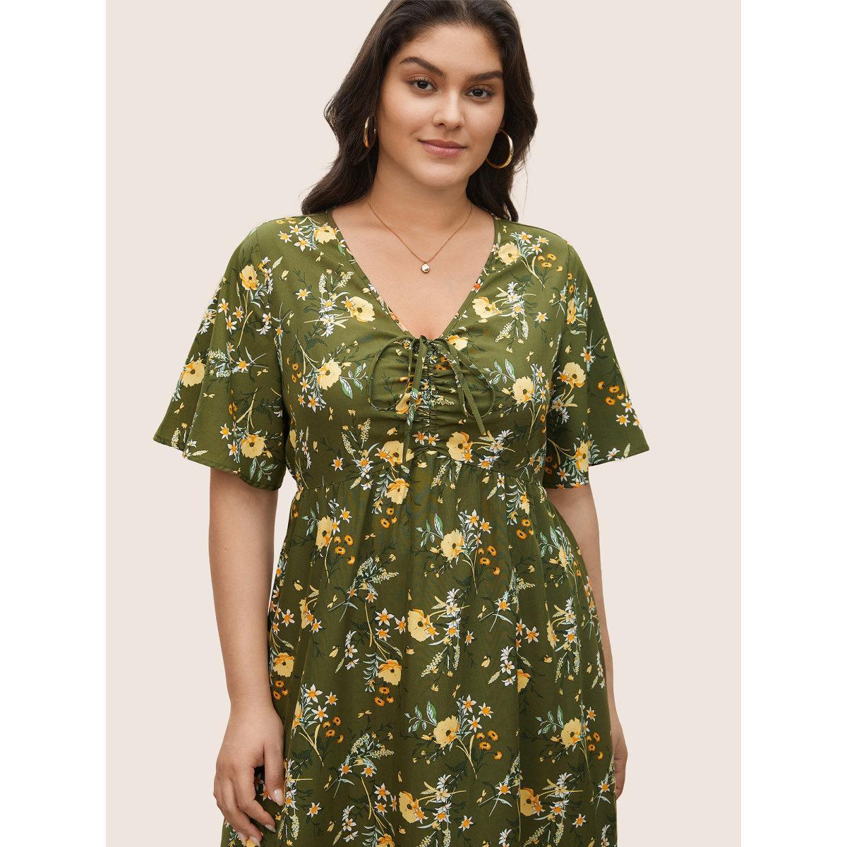 Plus Size Floral Elastic Waist Drawstring Pocket Dress Moss Women Elegant Non V-neck Short sleeve Curvy Midi Dress BloomChic 18-20/2X Product Image