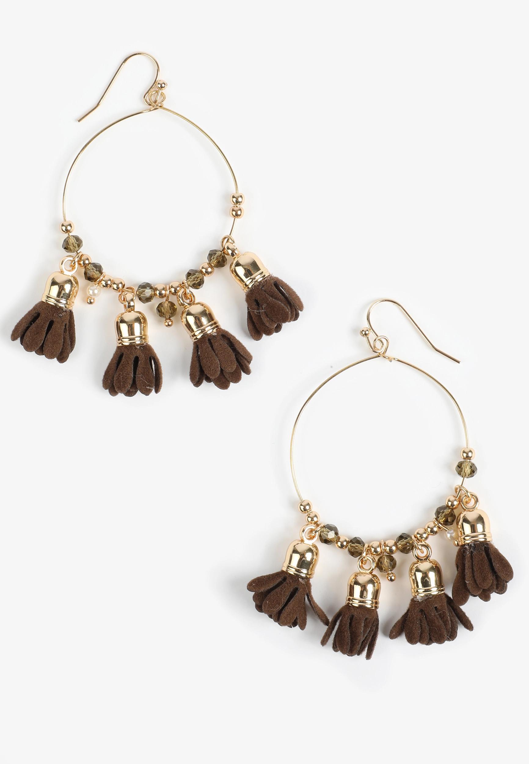 Dark Brown Faux Suede Tassels Hoop Earrings Product Image