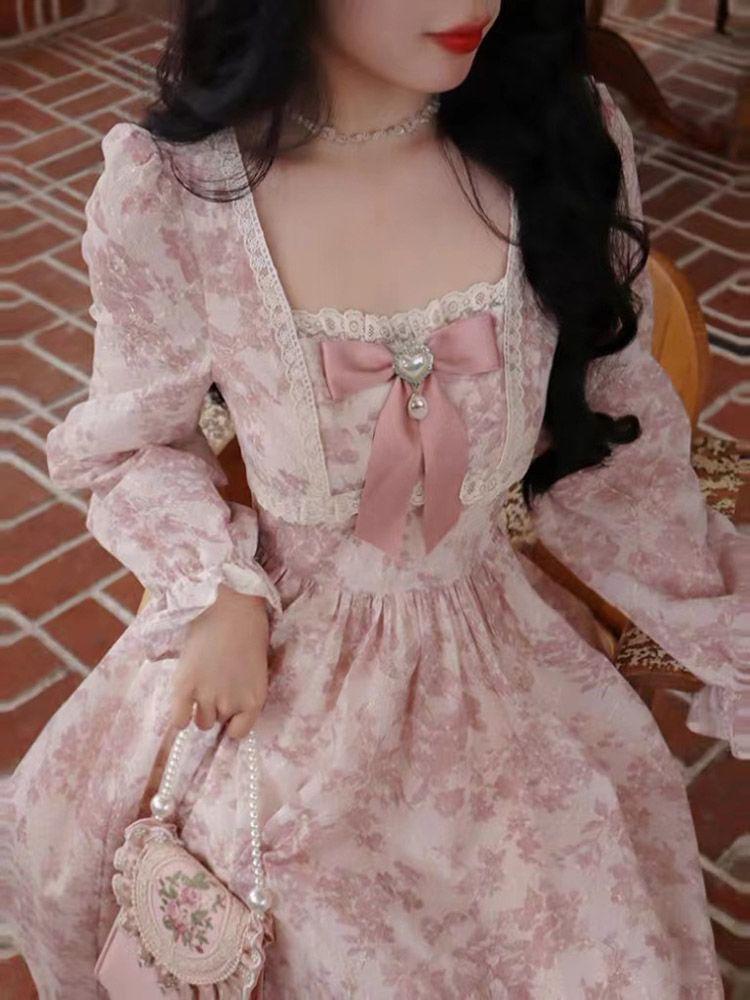 Long Sleeve Square Neck Floral Print Bow Panel Midi A-Line Dress Product Image