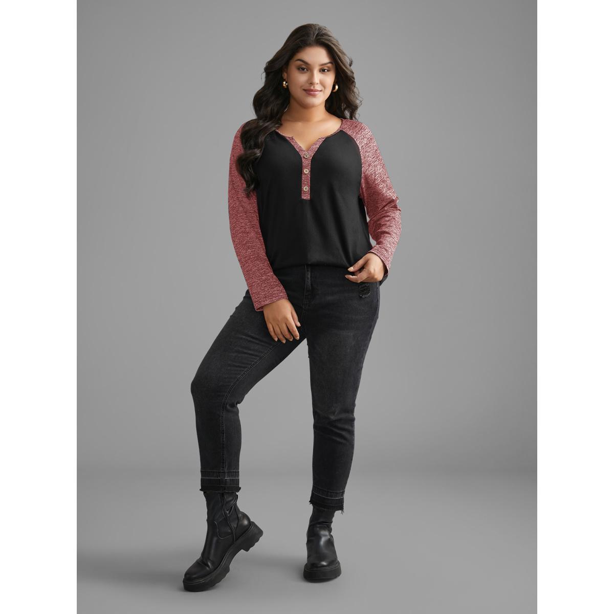 Plus Size Heather Patchwork Button Detail Stretchy T-Shirt Russet Women Casual Contrast Flat collar with V-notch Everyday T-shirts BloomChic 12/L Product Image