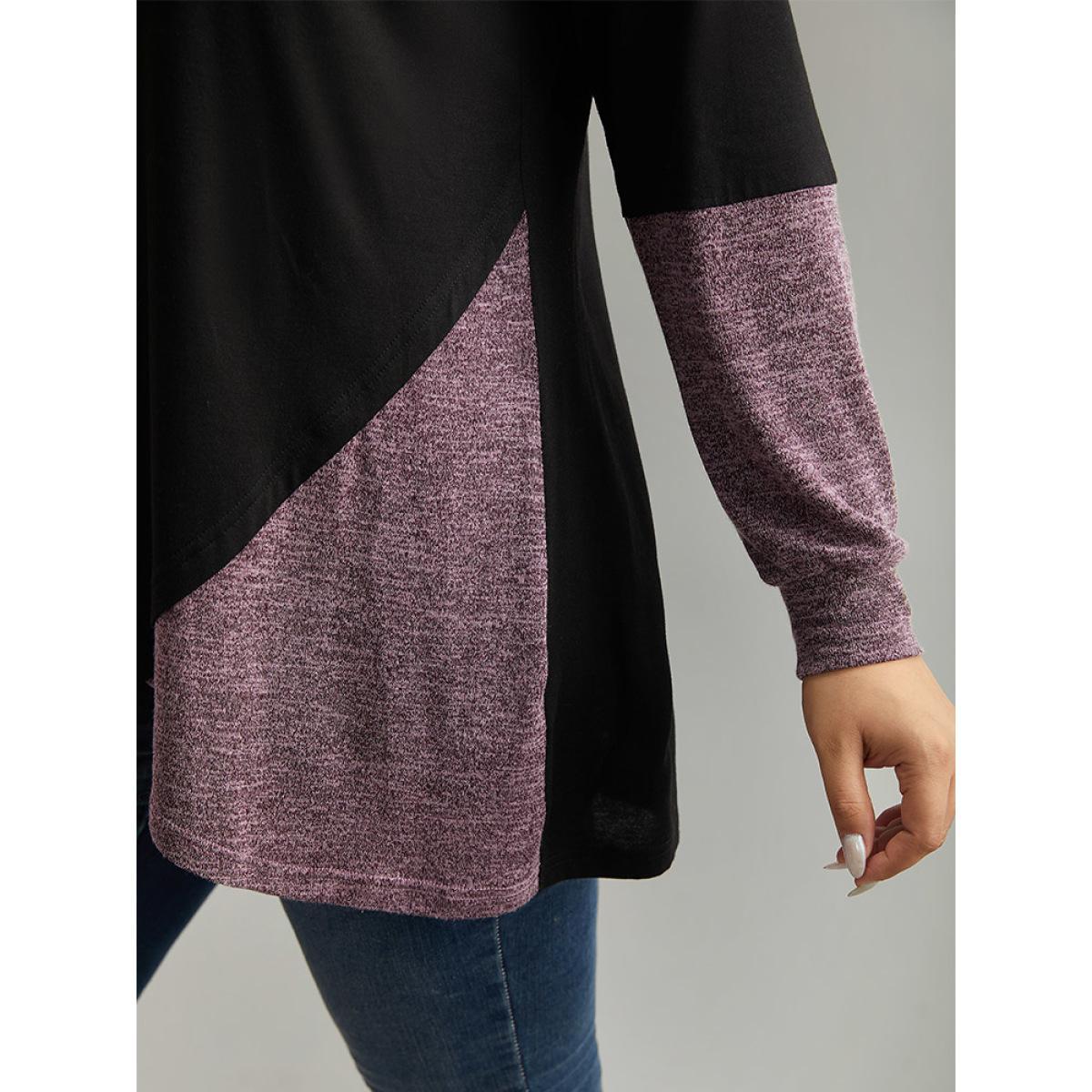 Plus Size Two Tone Patchwork Heather Arc Hem T-shirt Black Women Casual Contrast Plain Round Neck Dailywear T-shirts BloomChic 26/4X Product Image