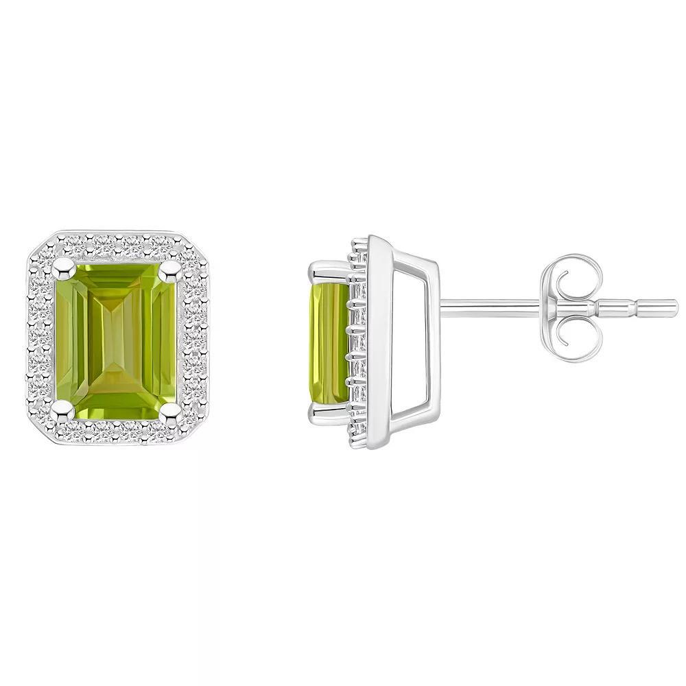Celebration Gems 10k White Gold Emerald Cut Gemstone & Lab-Created White Sapphire Halo Stud Earrings, Women's, Peridot Product Image