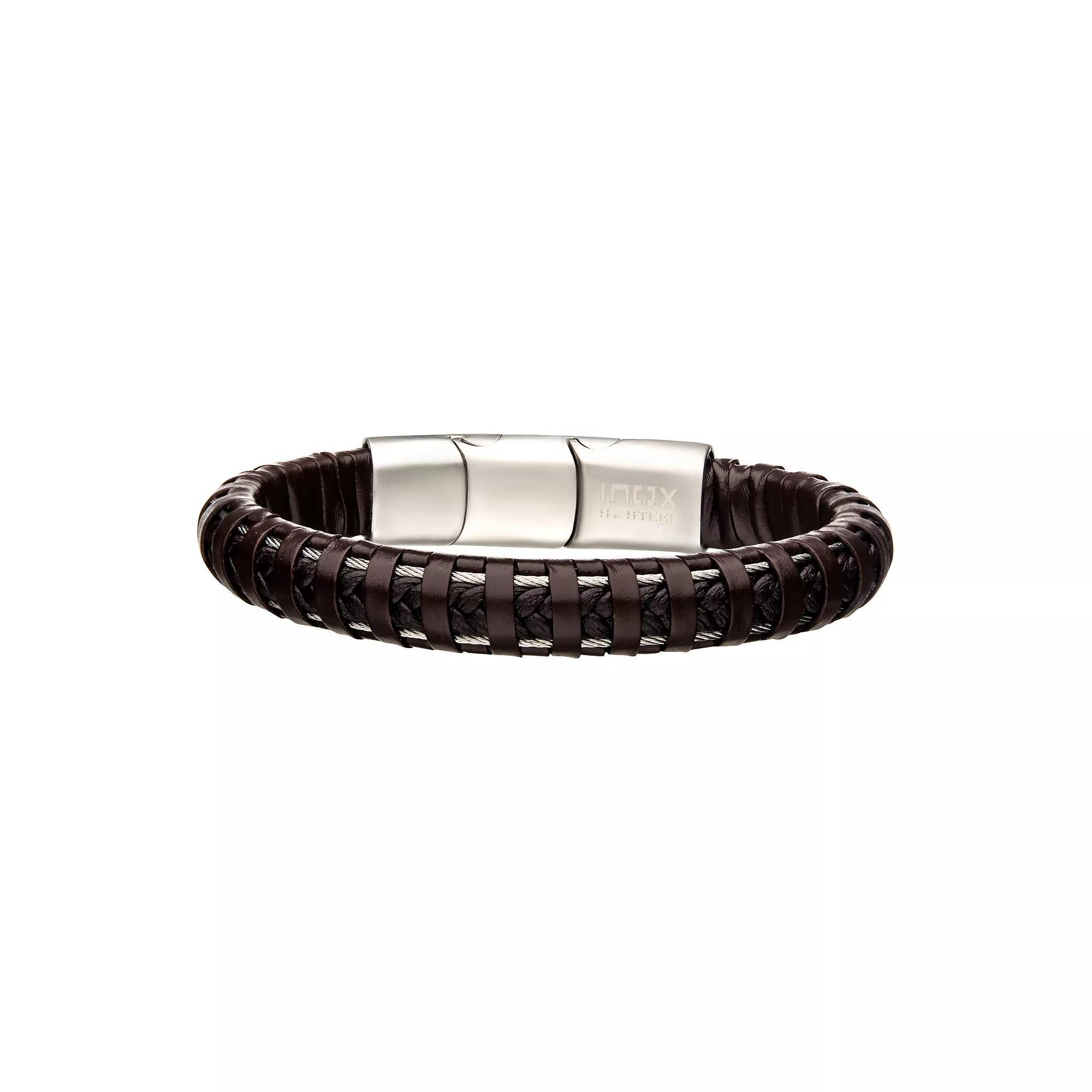Men's Brown Leather Bracelet, Size: 8.5", Silver Tone Product Image