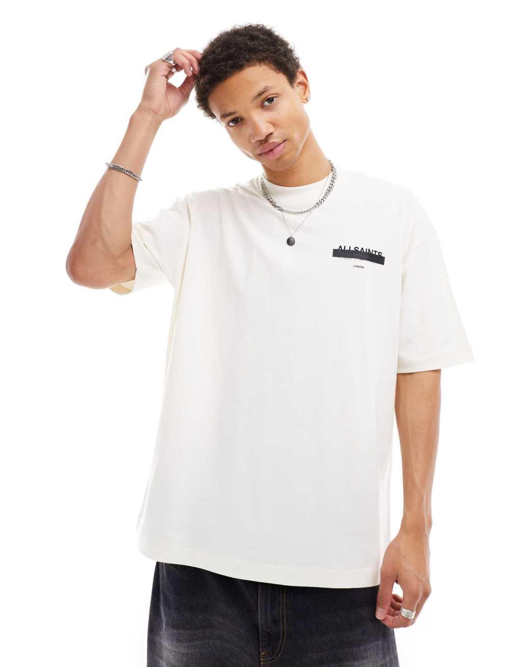 AllSaints Redact oversized embroidered logo t-shirt in white Product Image