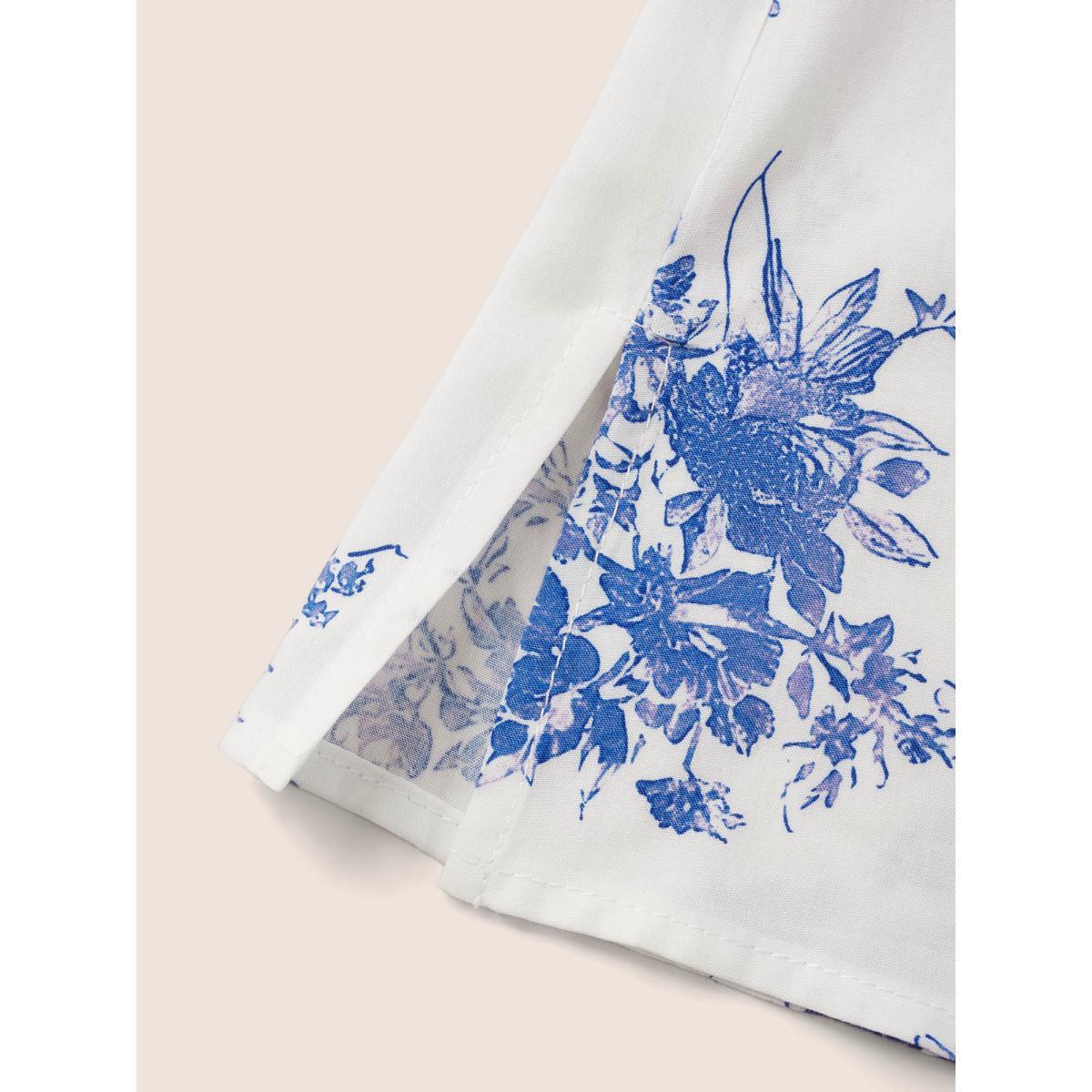 Plus Size Mediumblue Wrap Collar Floral Ruffle Sleeve Blouse Women Elegant Short sleeve Wrap collar Everyday Blouses BloomChic 26/4X Product Image