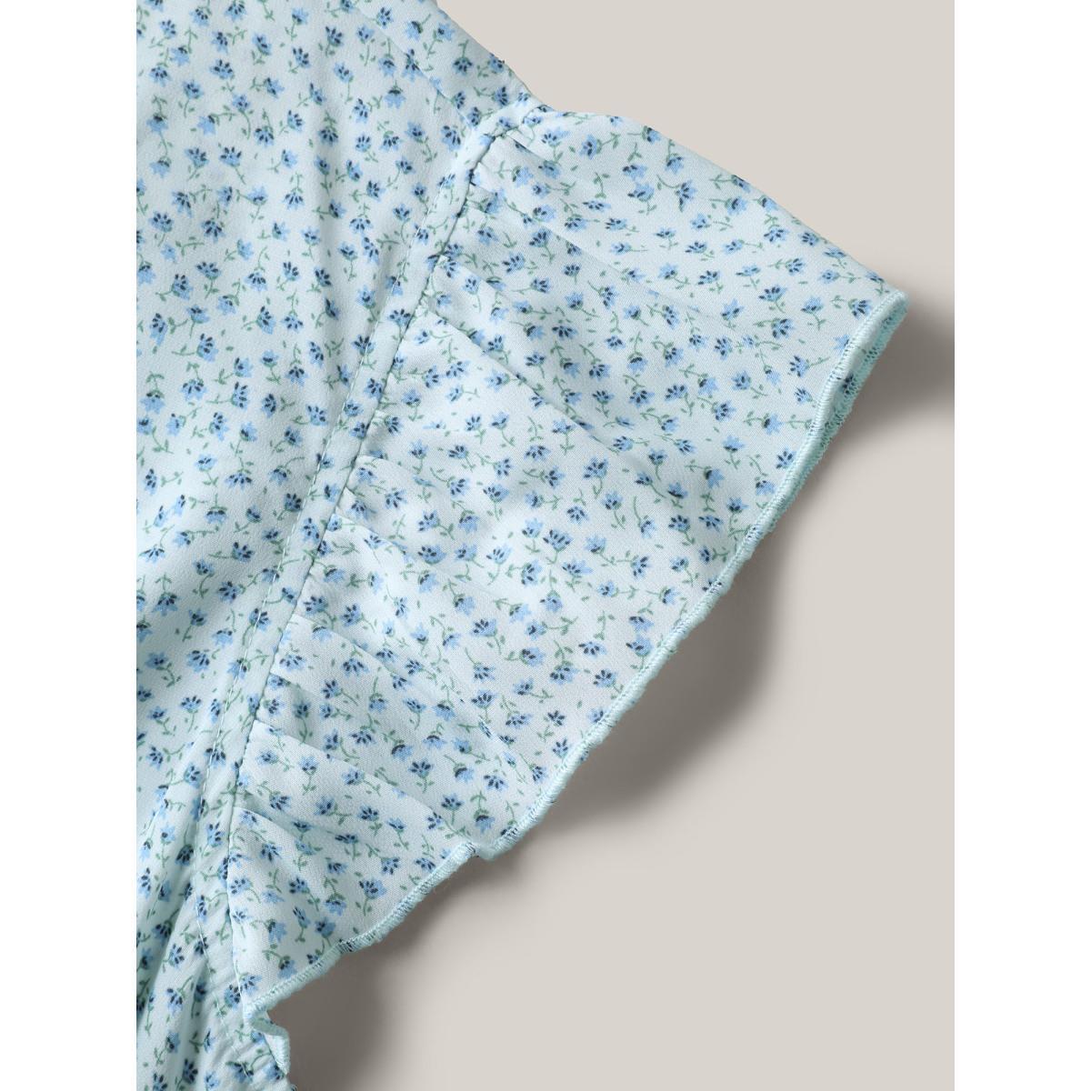 Plus Size Floral Print Slit Belted Maxi Dress LightBlue Women Overlap Collar Cap Sleeve Curvy BloomChic 12/L Product Image