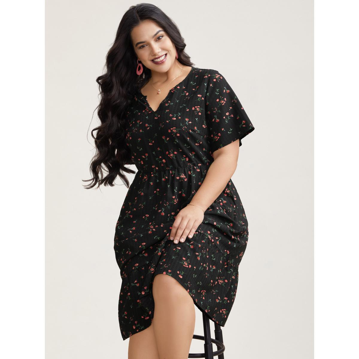 Plus Size Floral Flared Sleeve Tiered Midi Dress Black Women Elegant Texture Notched collar Short sleeve Curvy BloomChic 14-16/1X Product Image