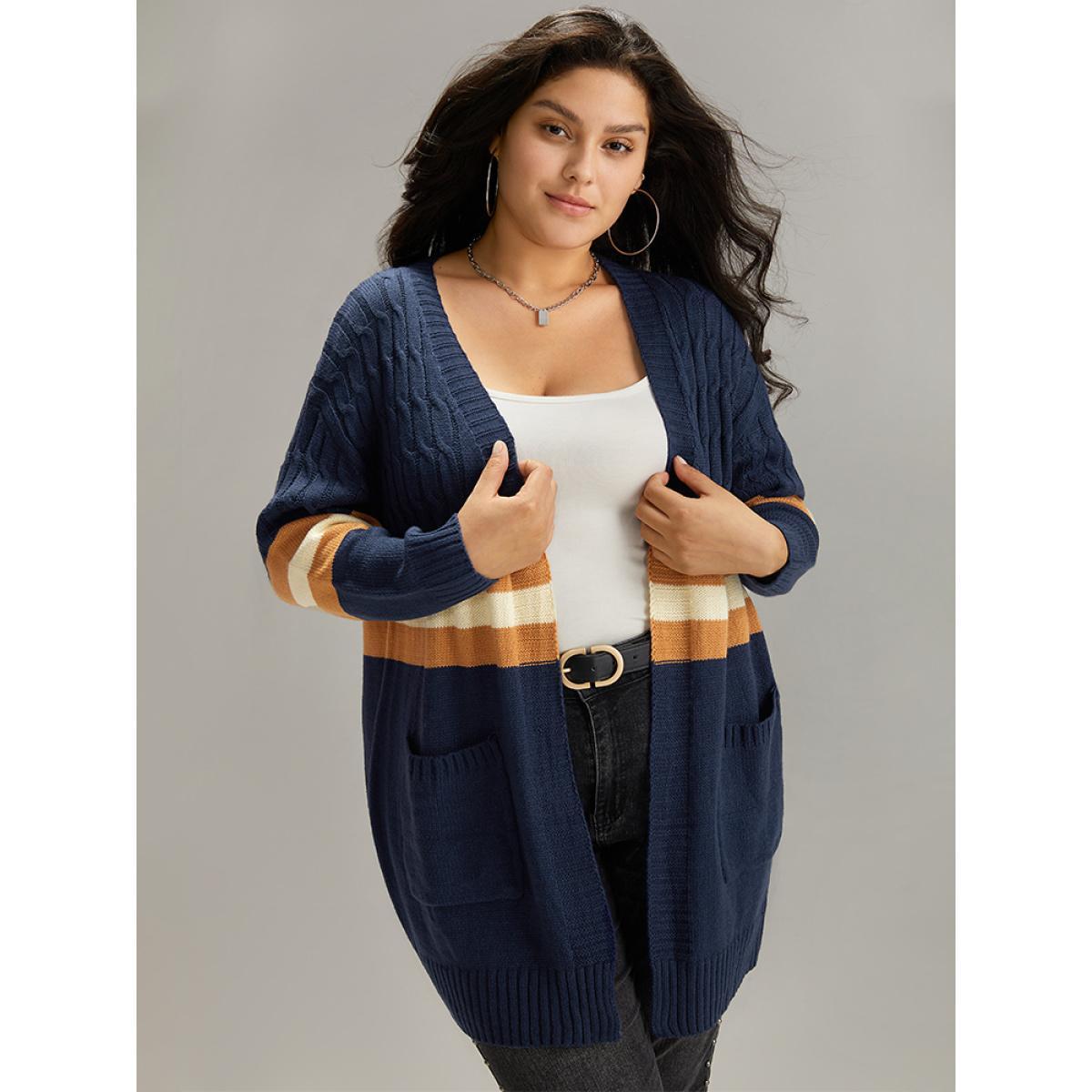 Plus Size Cable Knit Colorblock Contrast Open Front Cardigan Multicolor Women Casual Loose Long Sleeve Dailywear Cardigans BloomChic 14-16/1X Product Image