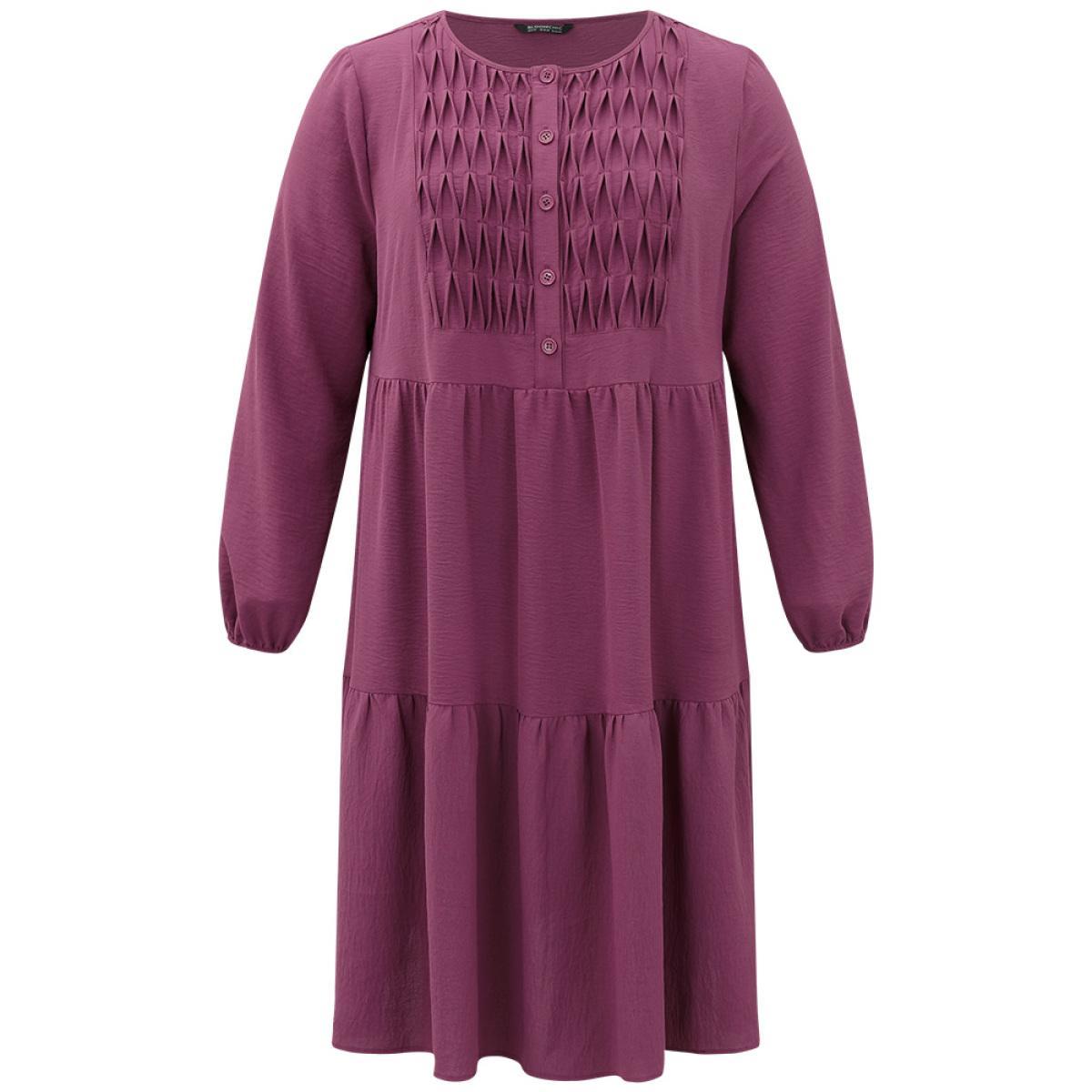 Plus Size Plain Plicated Detail Layered Hem Dress RedViolet Women Elegant Elastic cuffs Round Neck Long Sleeve Curvy Midi Dress BloomChic 30/6X Product Image