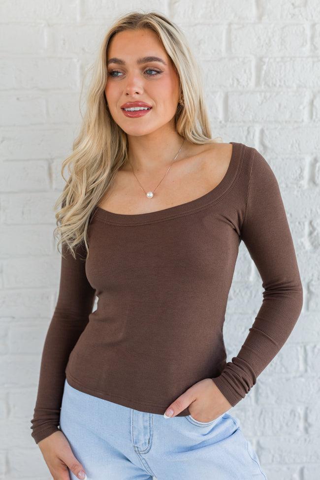 Make Your Choice Brown Ribbed Scoop Neck Long Sleeve Tee FINAL SALE Product Image