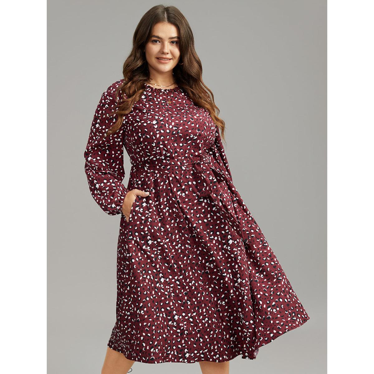 Plus Size Allover Print Elastic Cuffs Frill Trim Belted Dress Burgundy Women Elegant Elastic cuffs Mock Neck Long Sleeve Curvy Midi Dress BloomChic 14-16/1X Product Image