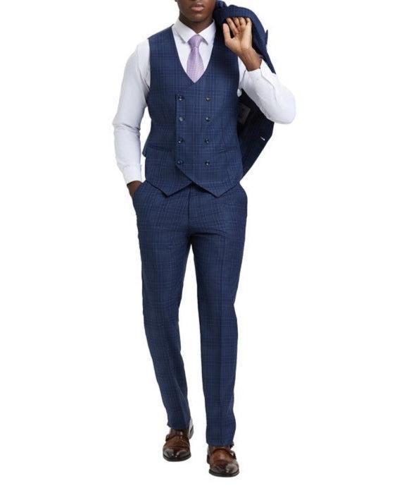 Stacy Adams - Blue 3 Piece 2 Button Plaid Peak Lapel Suit Product Image