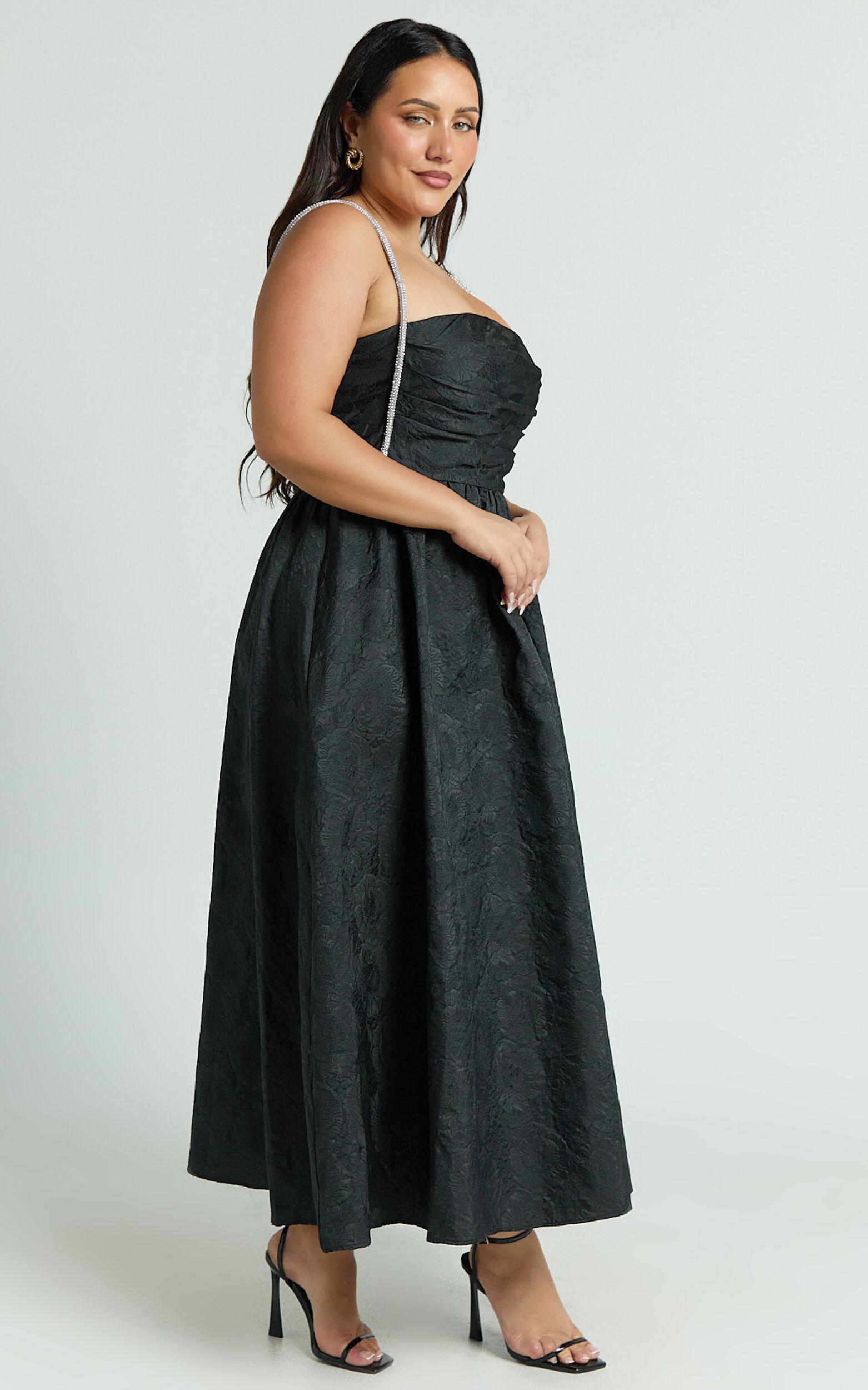 Alvia Midi Dress - Diamante Strap Ruched Straight Neck Dress in Black Product Image