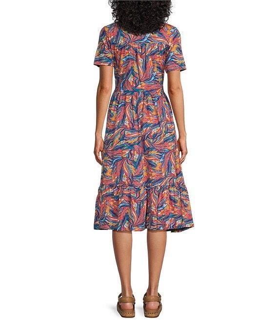 Intro Cotton Slub Jersey Printed Scoop Neck Short Sleeve A-Line Tiered Hem Dress Product Image