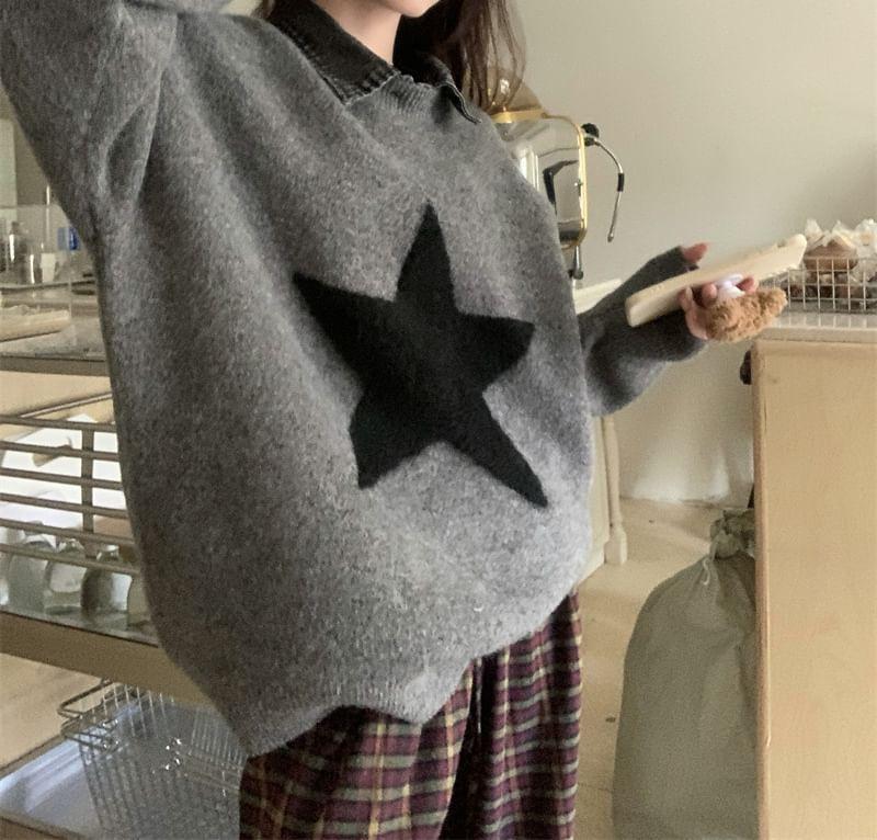 Mock Two-Piece Denim Collar Star Jacquard Sweater Product Image