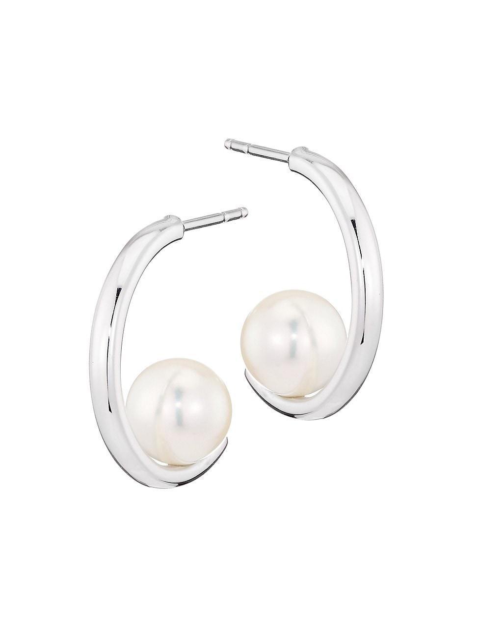 Womens 7.5MM White Round Akoya Pearl 18K White Gold Huggie Hoop Earrings Product Image