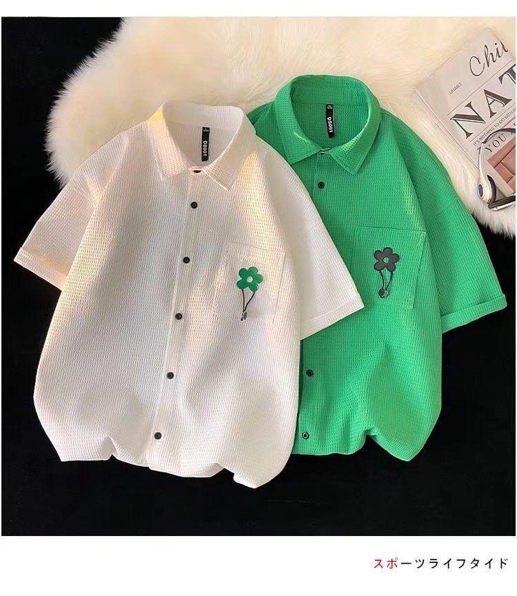 Elbow-Sleeve Floral Applique Waffle Button-Up Shirt Product Image