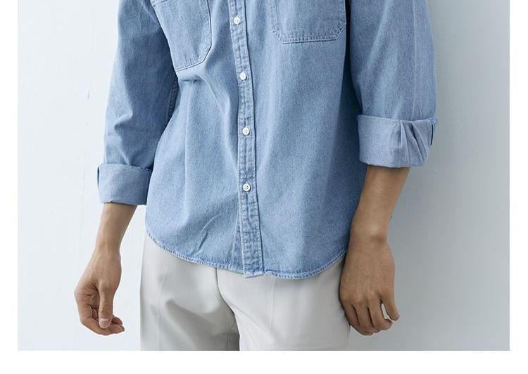 Long Sleeve Collared Washed Denim Shirt Product Image