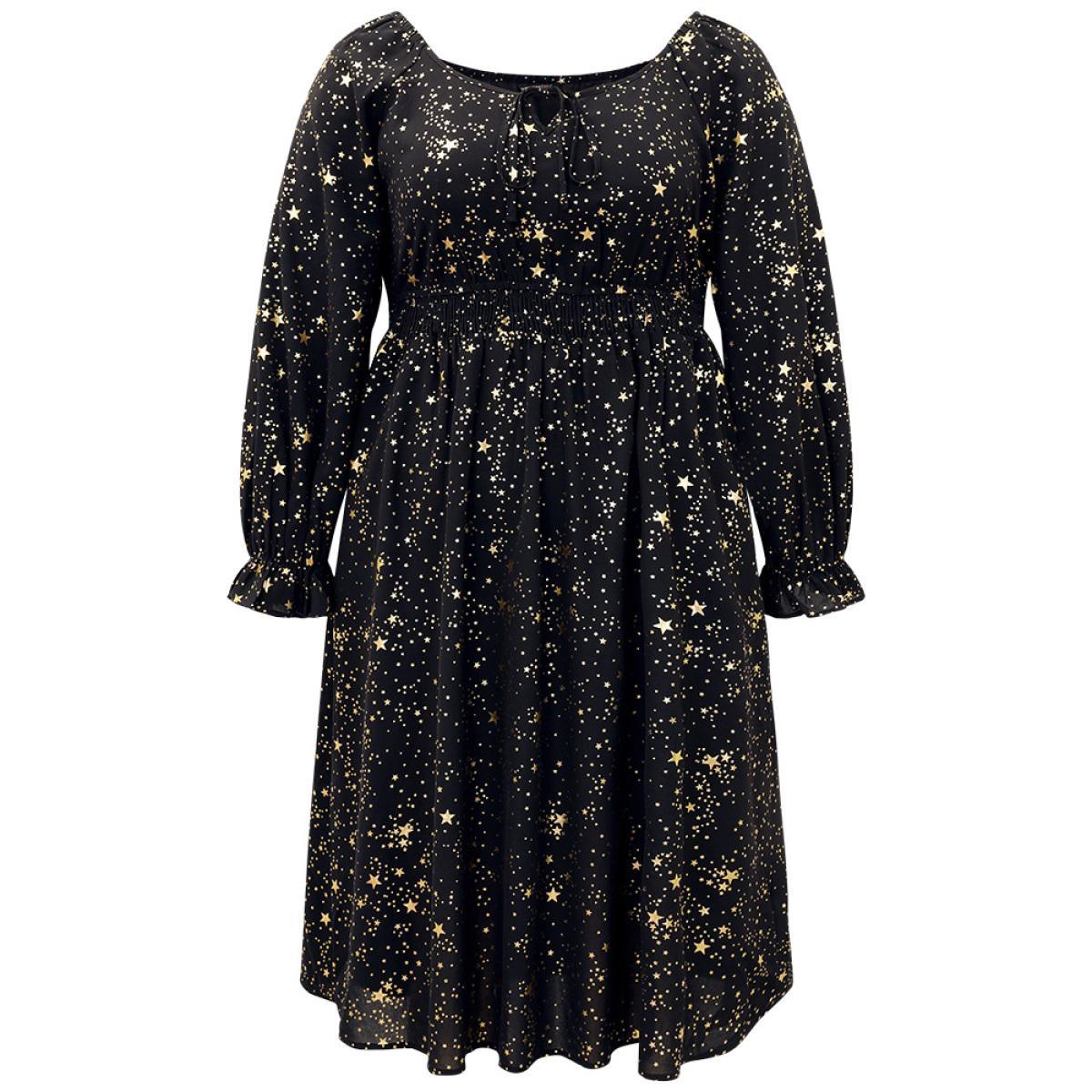 Plus Size Glitter Star Knot Neck Pocket Lantern Sleeve Dress Black Women Party Elastic cuffs Tie Neck Long Sleeve Curvy Midi Dress BloomChic 12/L Product Image