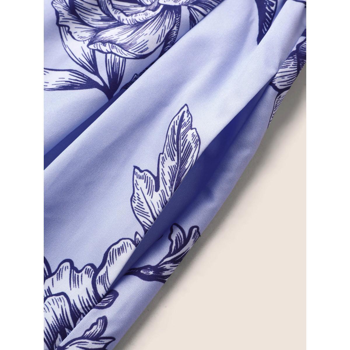 Plus Size Boho Print Heart Neckline Ruffle Sleeve Maxi Dress Mediumblue Women Elegant Woven ribbon&lace trim Square Neck Short sleeve Curvy BloomChic 28/5X Product Image