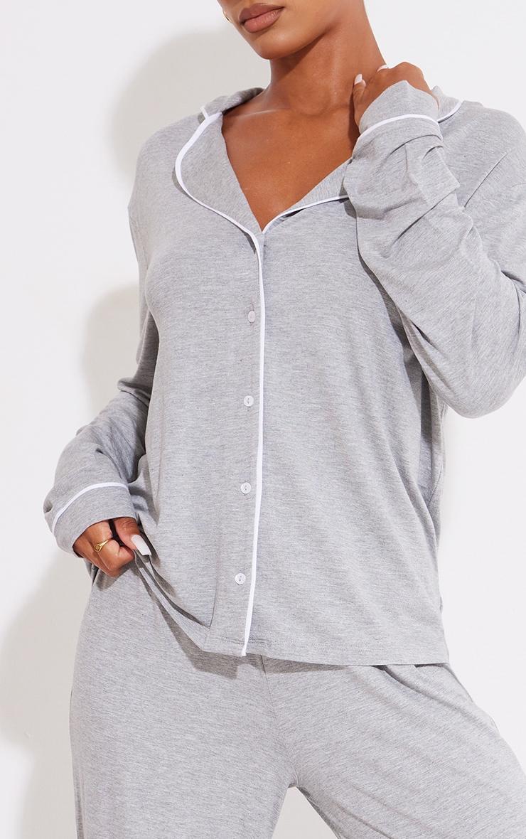 Grey Jersey Piping Detail Long PJ Set Product Image
