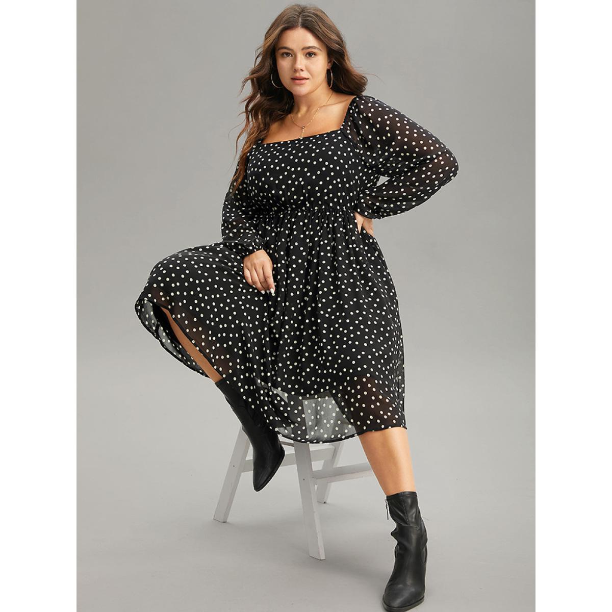 Plus Size Polka Dot Square Neck Gathered Lantern Sleeve Dress Black Women Casual Elastic cuffs Square Neck Long Sleeve Curvy Midi Dress BloomChic 30/6X Product Image