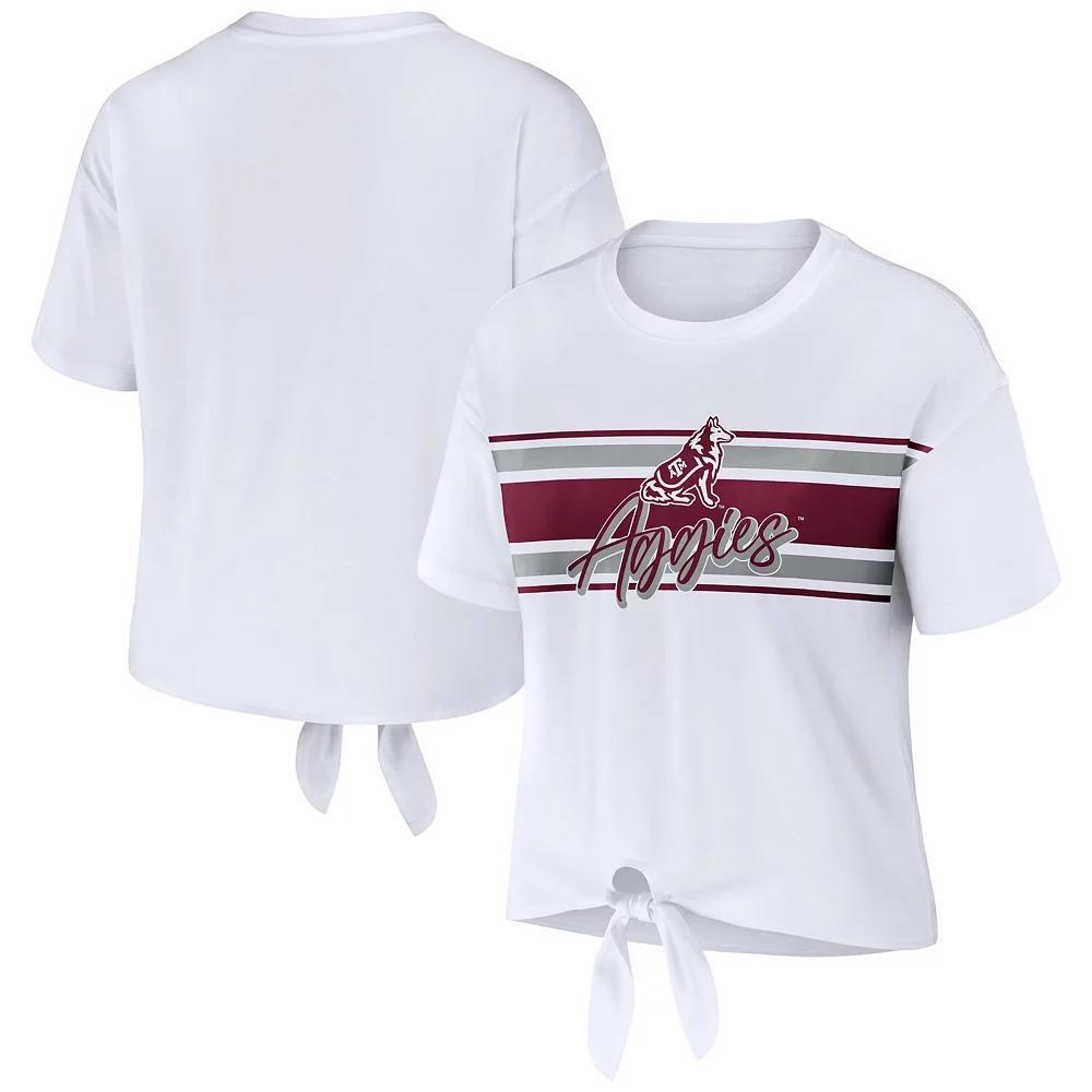 Women's WEAR by Erin Andrews White Texas A&M Aggies Striped Front Knot Cropped T-Shirt, Size: Medium Product Image
