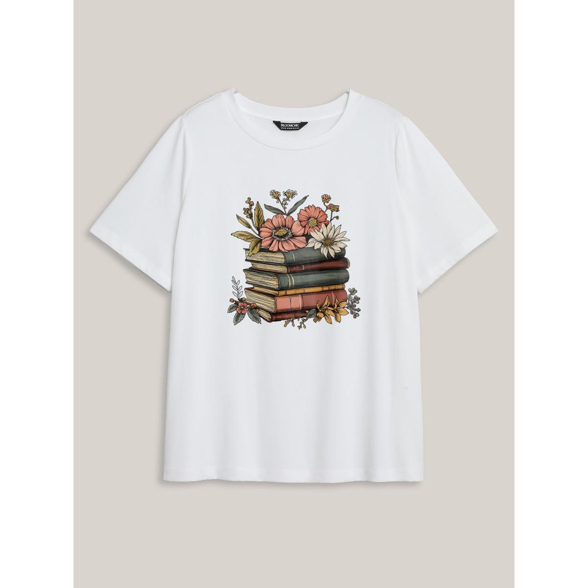 Plus Size Bookish Florals Print Round Neck T-Shirt Originalwhite Women Non Natural Flowers Round Neck Everyday-Casual T-shirts BloomChic 10/M Product Image