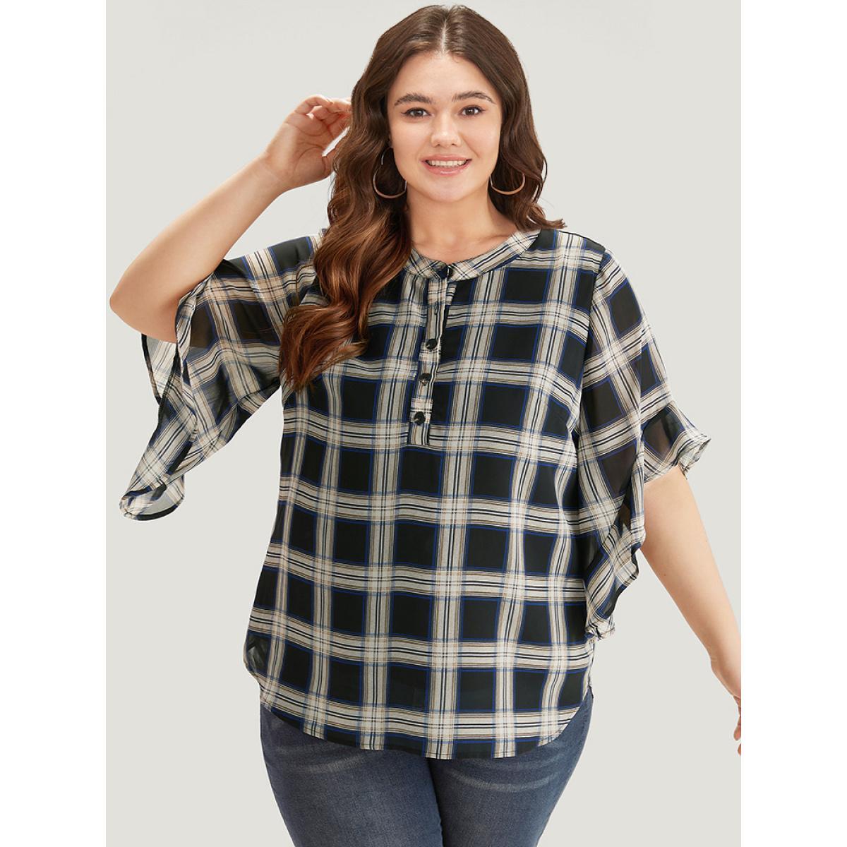 Plus Size Black Plaid Button Up Ruffles Bell Sleeve Blouse Women Office Half Sleeve Shirt collar Work Blouses BloomChic 26/4X Product Image