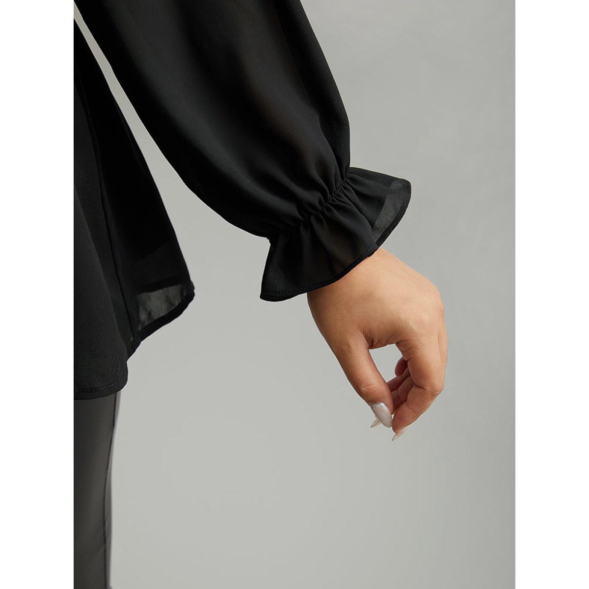 Plus Size Black Plain Ruffles Elastic Waist Lace Patchwork Blouse Women Office Long Sleeve Stand-up collar Work Blouses BloomChic 18-20/2X Product Image
