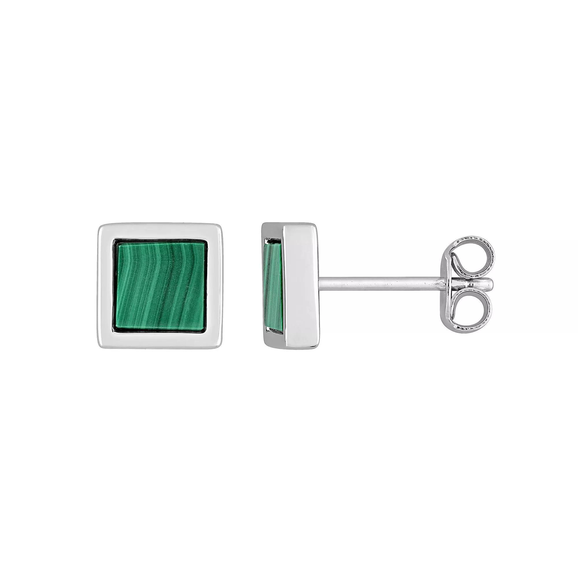 Stella Grace Men's Sterling Silver Malachite Square Stud Earrings Product Image
