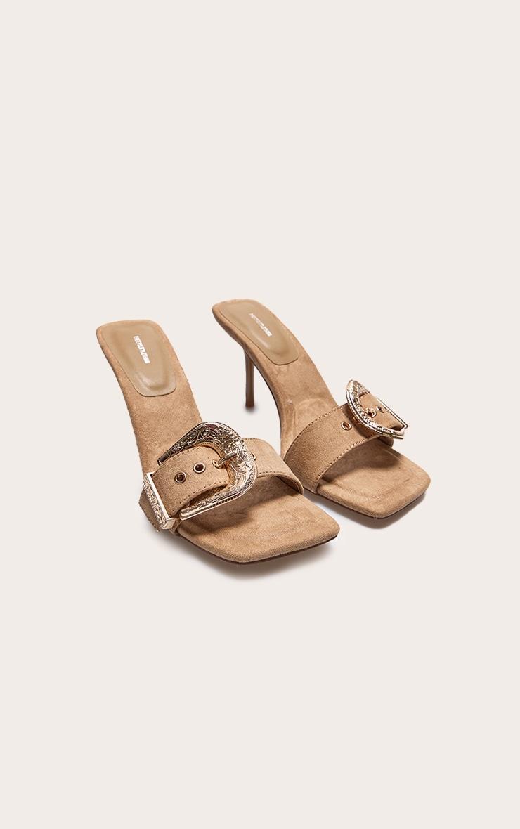 Camel Faux Suede Square Toe Western Buckle High Stiletto Heeled Mules Product Image