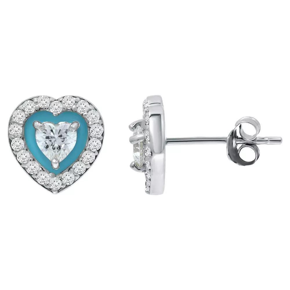 Aleure Precioso Sterling Silver Enamel & Cubic Zirconia Heart Shaped Halo Stud Earrings, Women's, Blue Product Image