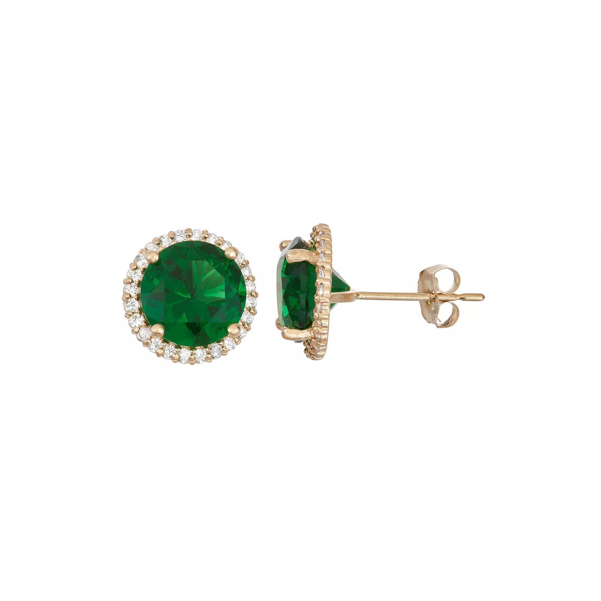 Designs by Gioelli 10k Gold Simulated Emerald & Lab-Created White Sapphire Halo Stud Earrings, Women's Product Image