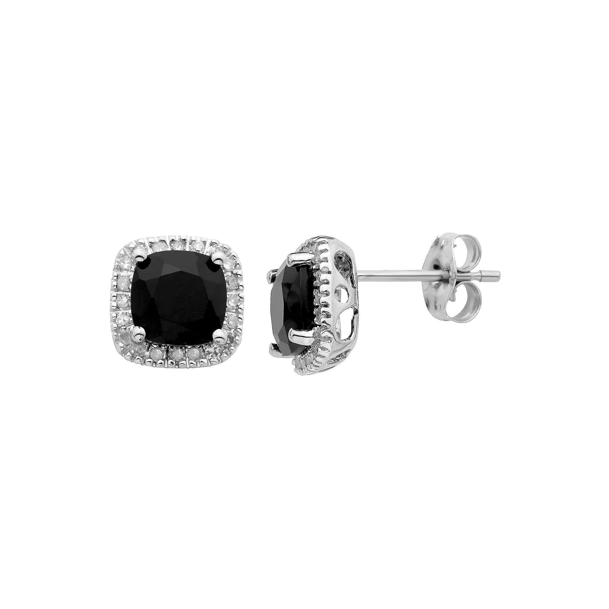 Onyx and 1/6 Carat T.W. Diamond 10K Gold Halo Button Stud Earrings, Womens, White Product Image