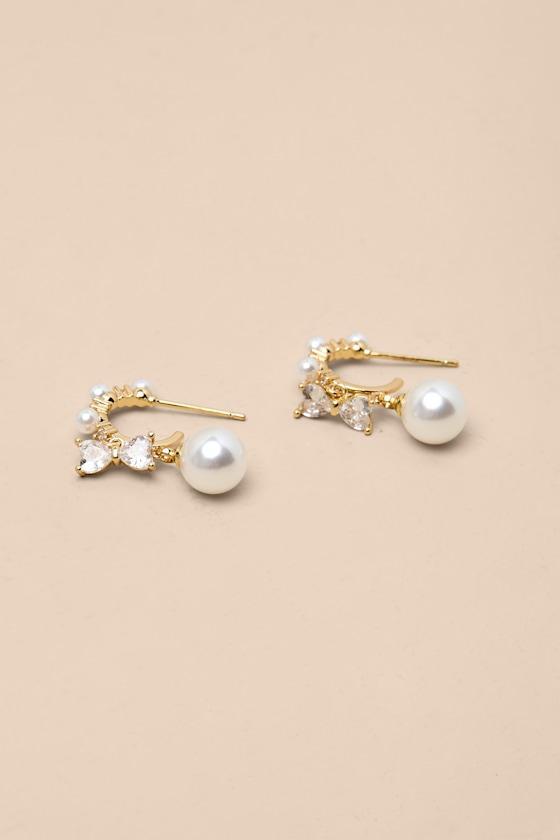Bianca 14KT Gold Rhinestone Pearl Hoop Earrings Product Image