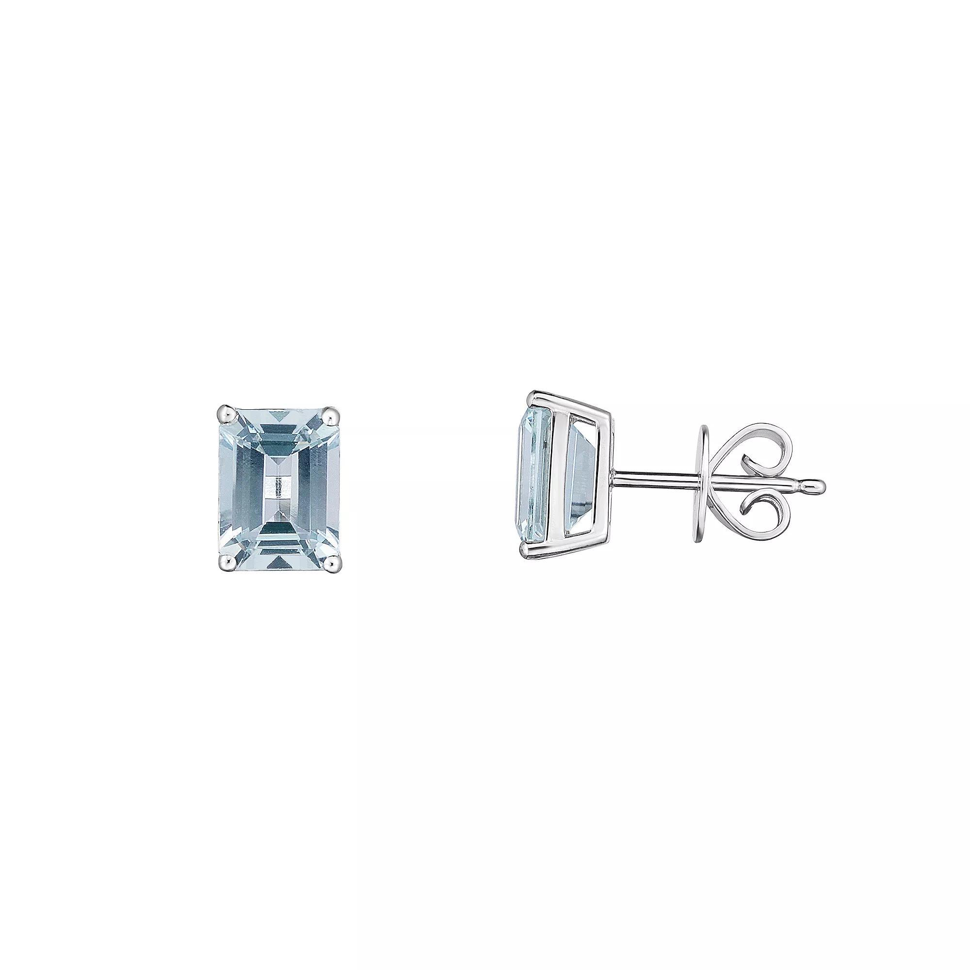 Sterling Silver Emerald Cut Aquamarine Stud Earrings, Womens Product Image