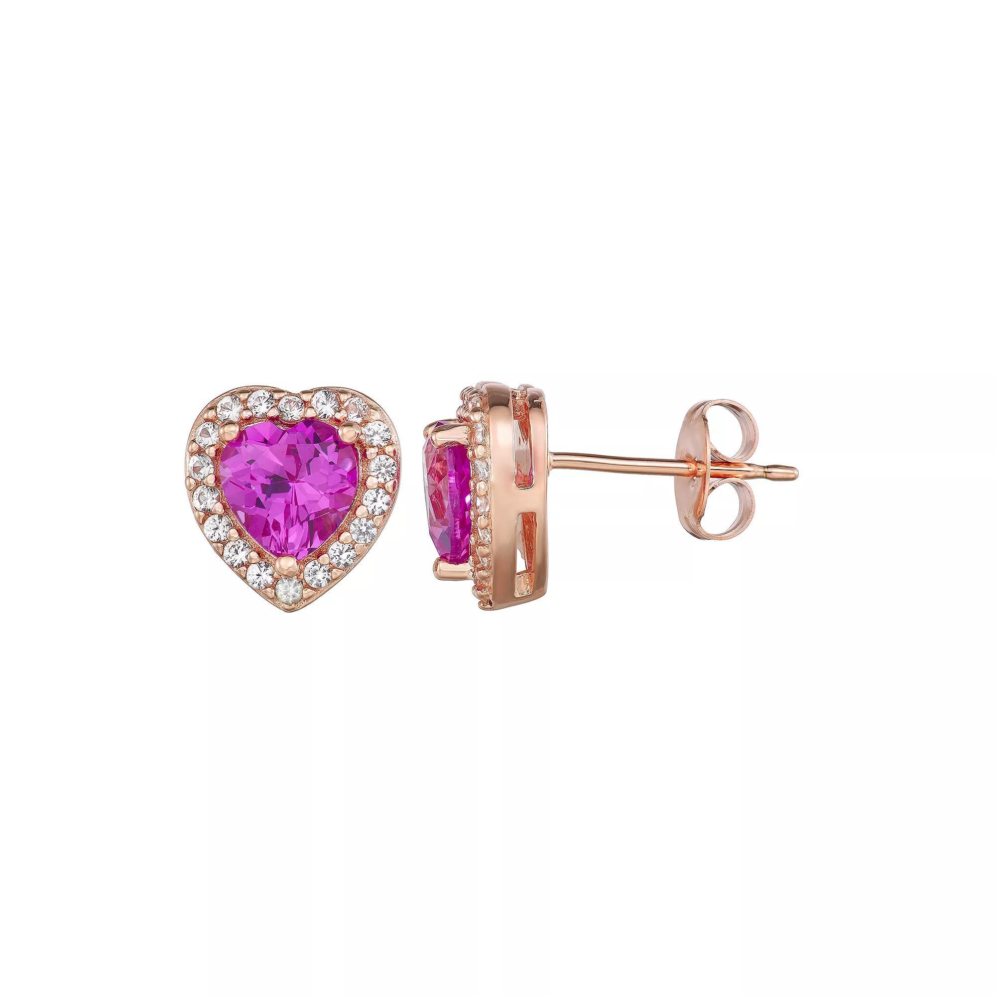 14k Rose Gold Over Silver Lab-Created Pink & White Sapphire Heart Stud Earrings, Women's, Pink Tone Product Image