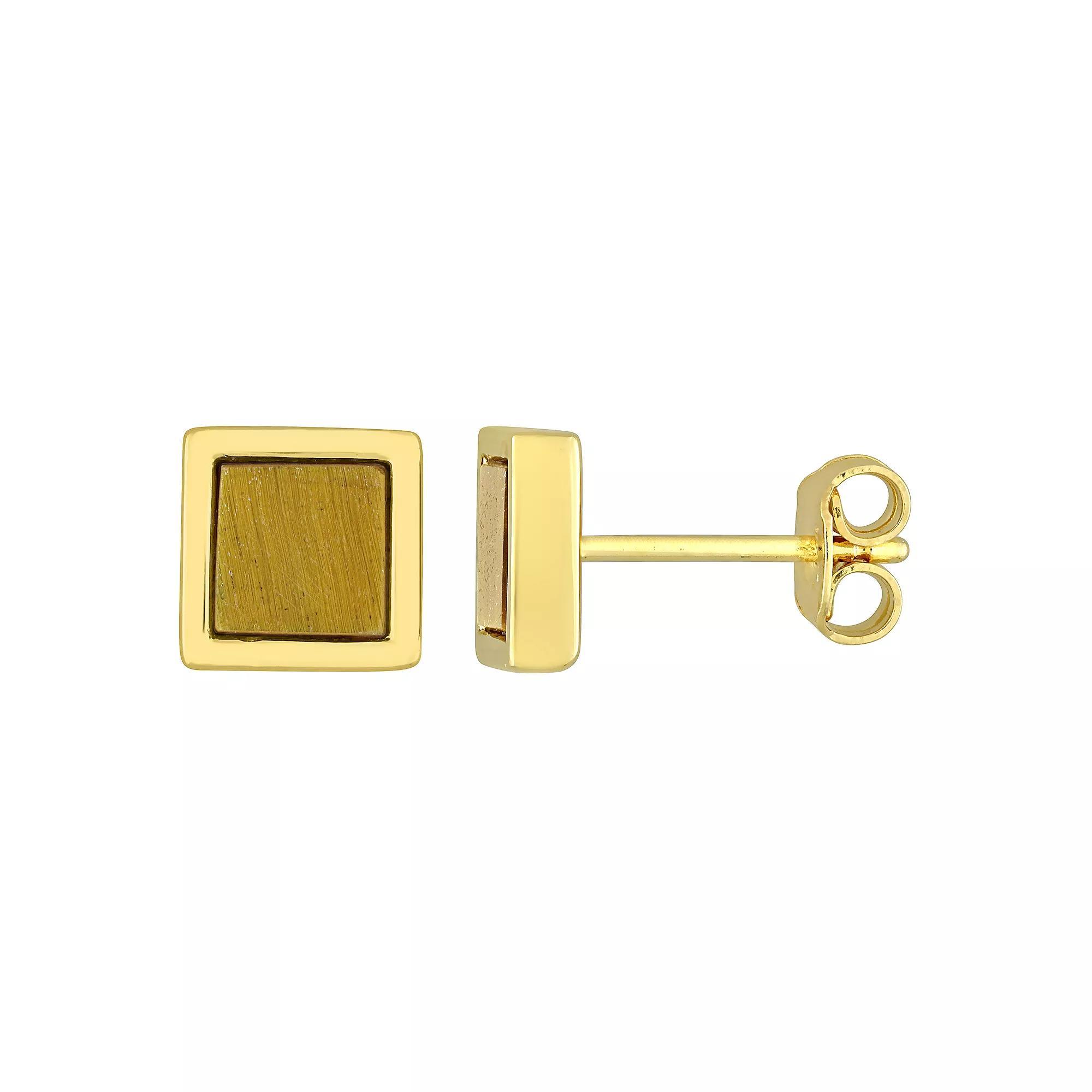 Stella Grace Men's 18k Gold Over Silver Tiger's Eye Square Stud Earrings, 18k Gold Plated Product Image