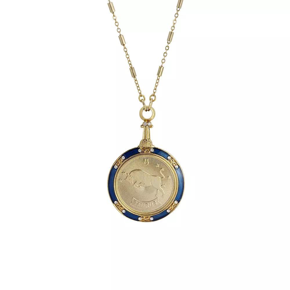 1928 Gold Tone Blue Enamel & Clear Crystal Zodiac Pendant Necklace, Womens, Taurus Product Image