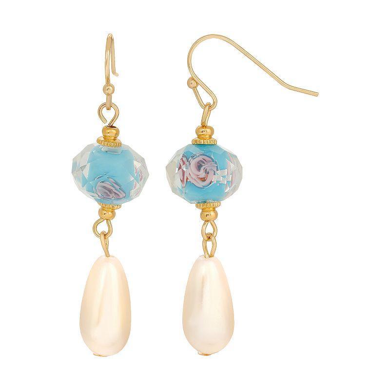 1928 Gold Tone Simulated Crystal and Pearl Drop Earrings, Womens, Blue Product Image
