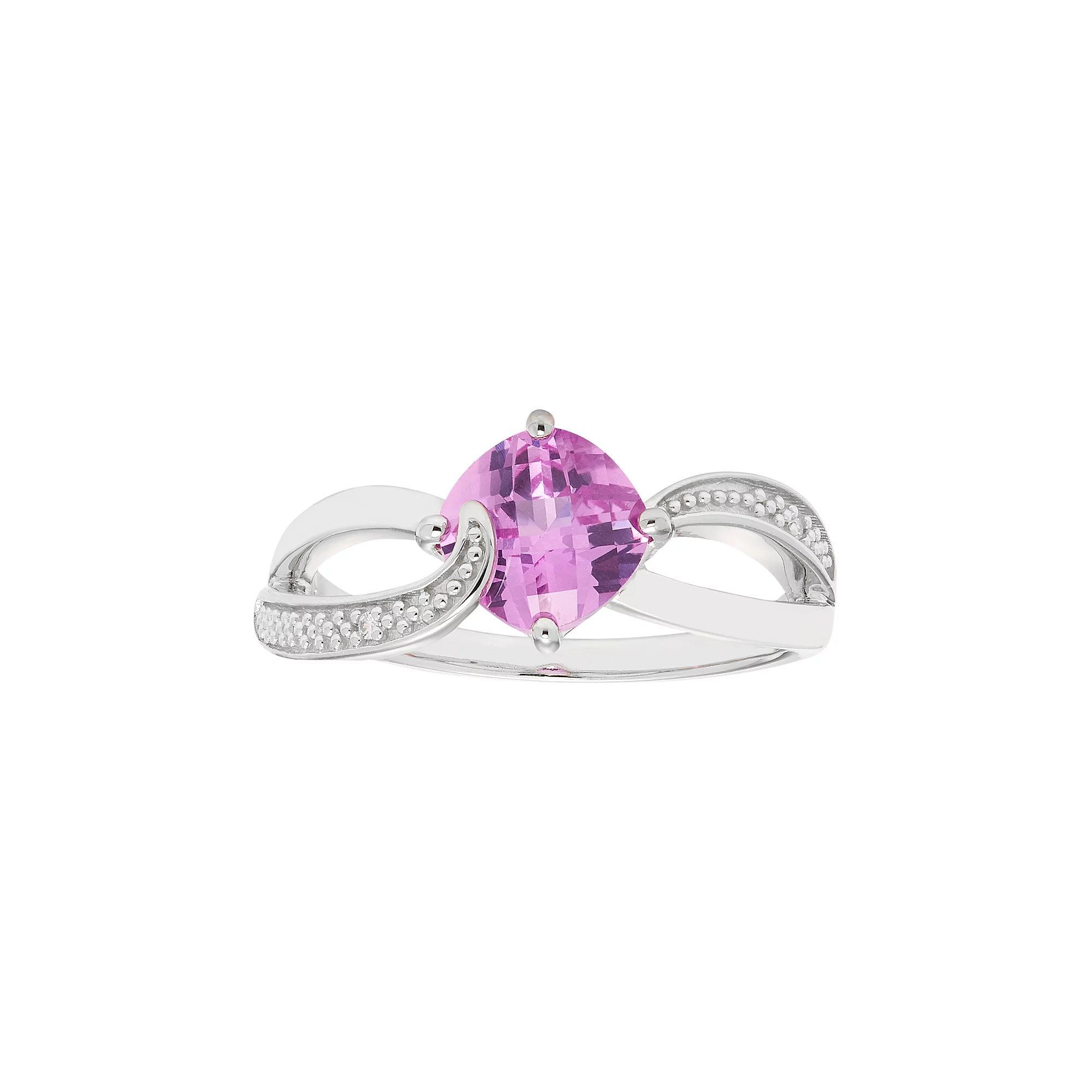 Sterling Silver Lab Created Pink Sapphire & Diamond Accent Cushion Bypass Ring, Womens Product Image