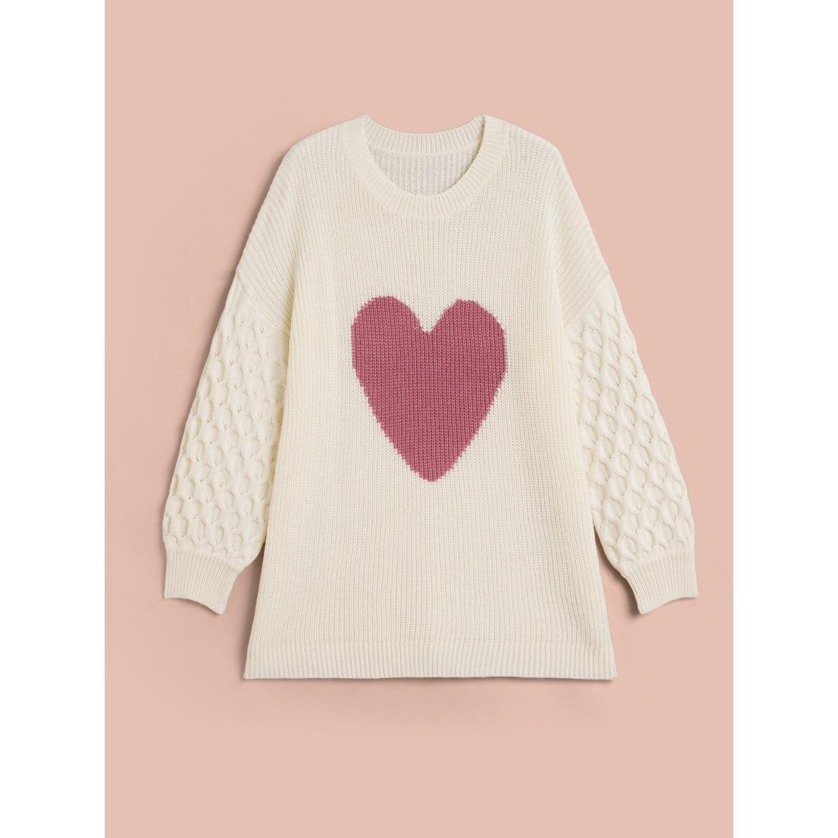 Plus Size Round Neck Heart Cable Knit Pullover Ivory Women Casual Loose Long Sleeve Round Neck Everyday Pullovers BloomChic 10/M Product Image