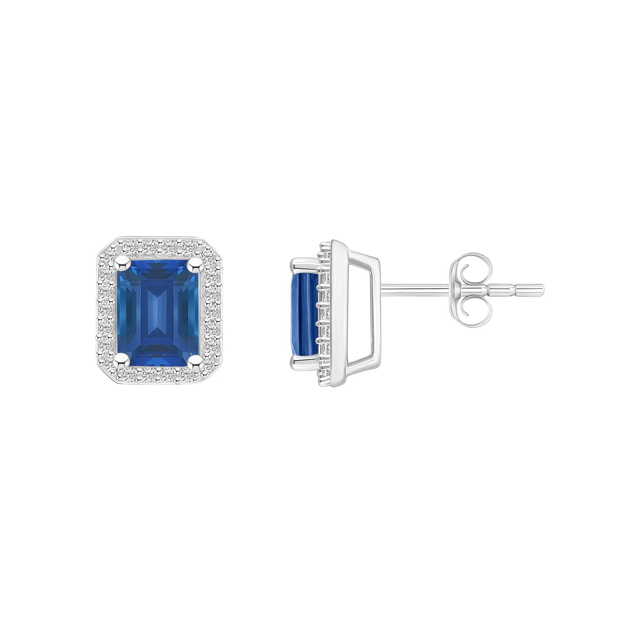 Celebration Gems 10k White Gold Emerald Cut Gemstone & Lab-Created White Sapphire Halo Stud Earrings, Women's, Created Blue Product Image