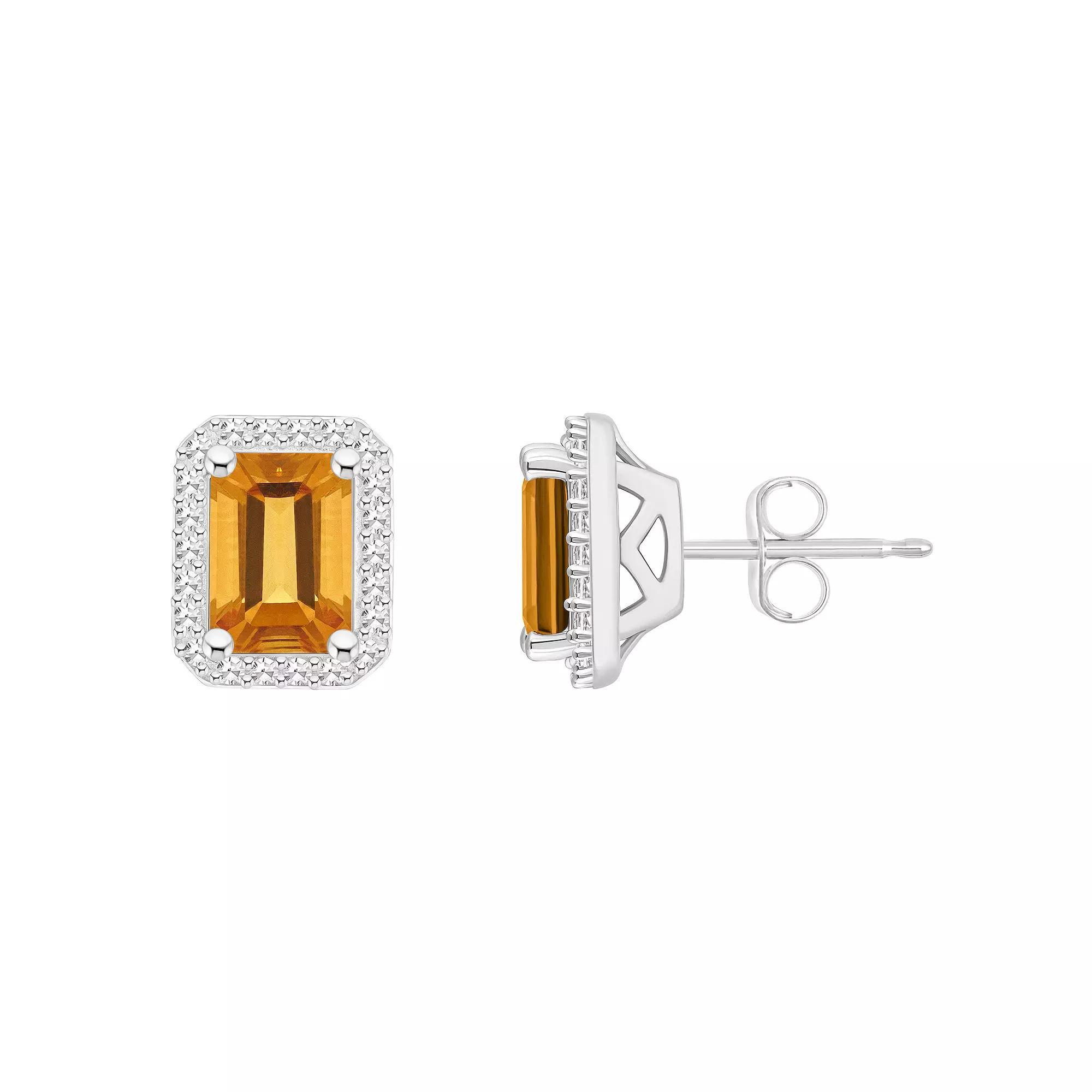 Celebration Gems Sterling Silver Gemstone & 1/5 Carat T.W. Diamond Halo Stud Earrings, Women's, Citrine Product Image