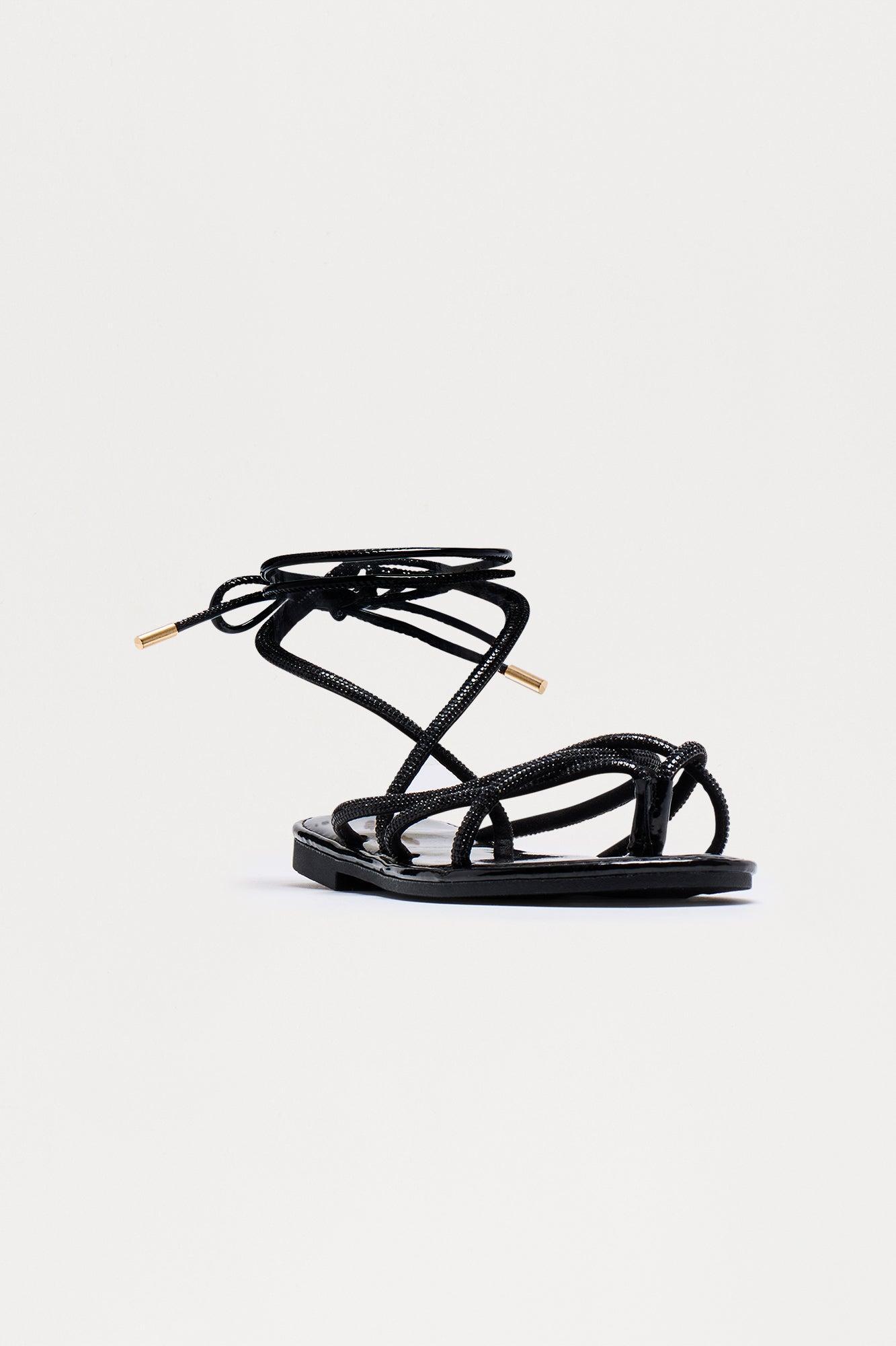 Sidney Rhinestone Wrap Up Sandals - Black Product Image