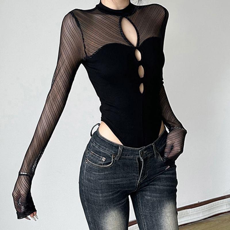 Long Sleeve Mesh Panel See-Through Bodysuit Top Product Image