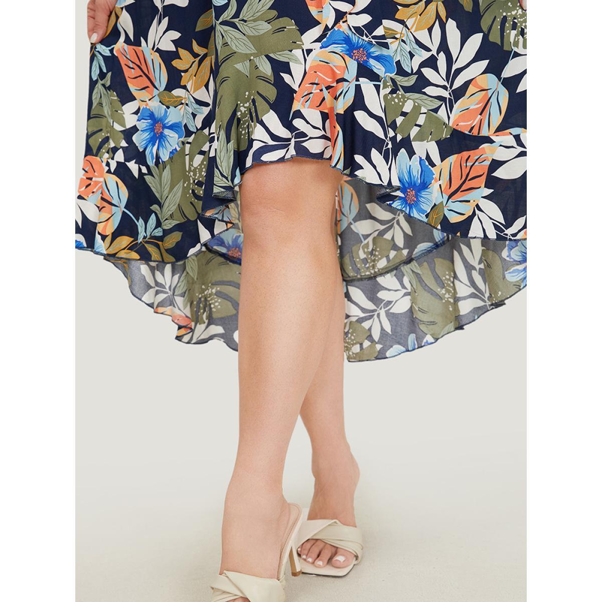 Plus Size Floral High Low Hem Pocket Ruffles Wrap Dress Indigo Women Elegant Wrap V-neck Short sleeve Curvy Midi Dress BloomChic 30/6X Product Image