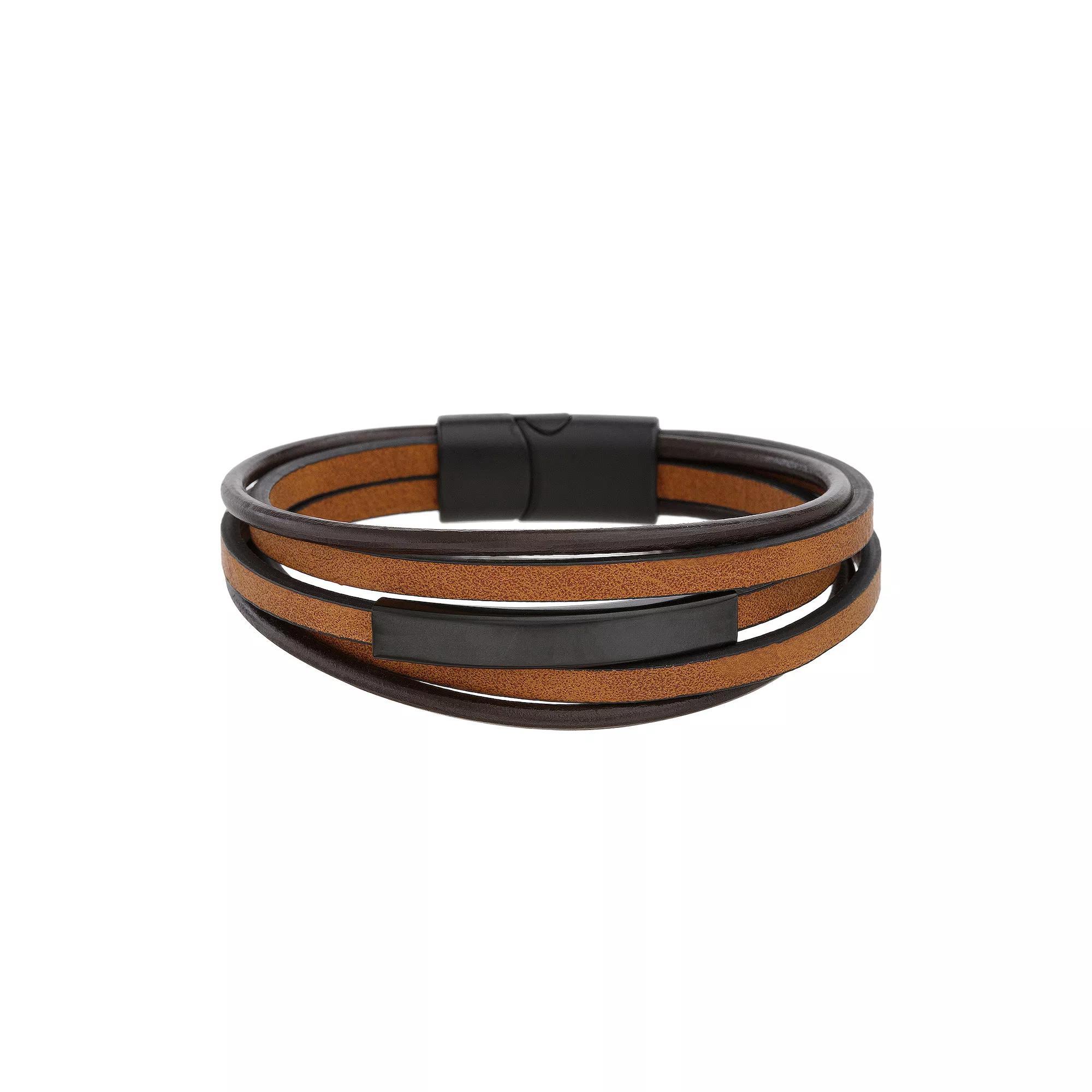 1913 Men's Triple Strand Black & Brown Vegan Leather Bracelet with Stainless Steel Clasp, Size: 8.5" Product Image